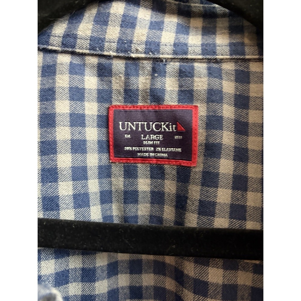 UNTUCKit Button Down Shirt Large Slim Fit Blue Gingham Plaid Flannel Stretch - Picture 4 of 5